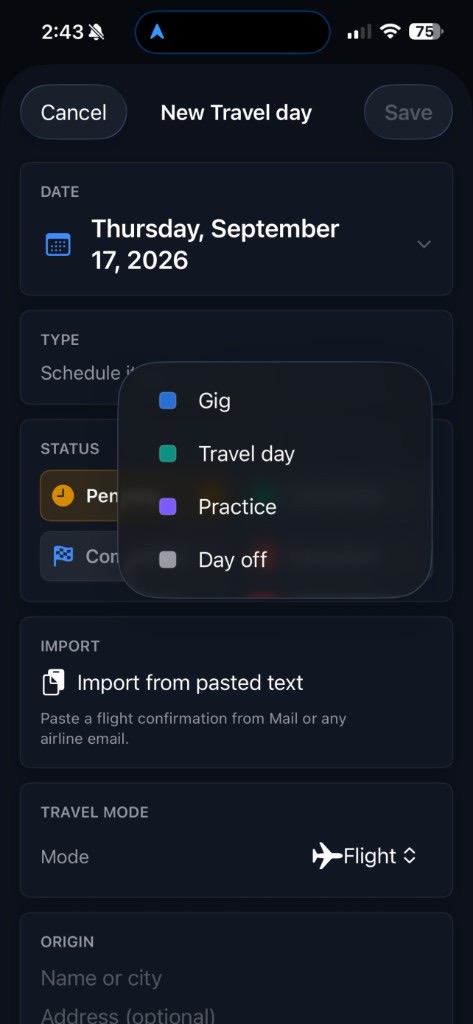 BandHQ new calendar item picker for gig, travel day, practice, and day off