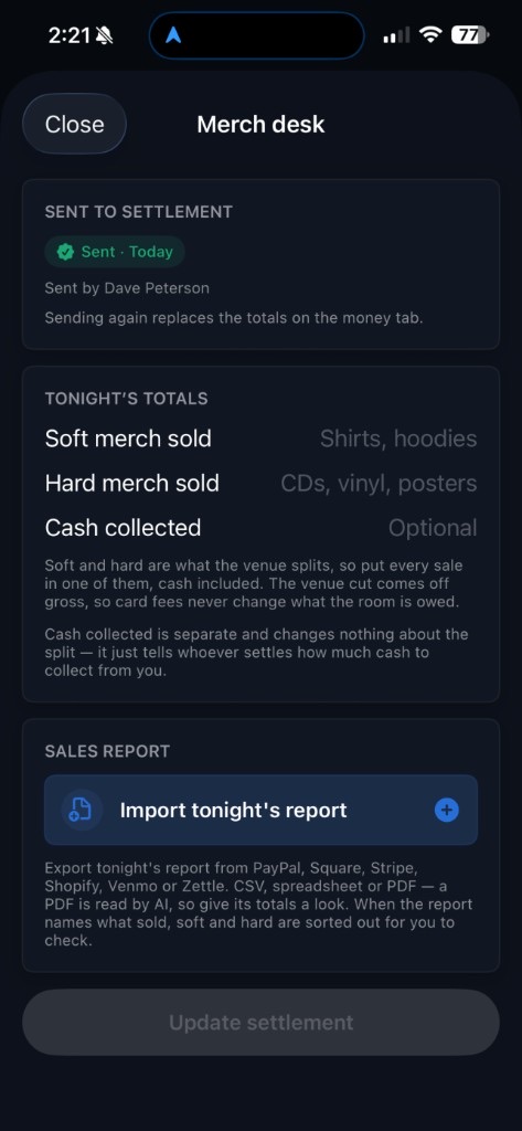 BandHQ merch desk with AI sales import and settlement totals
