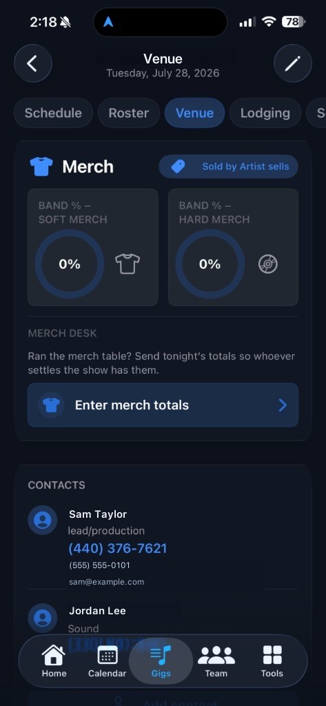 BandHQ venue merch splits for soft and hard merch